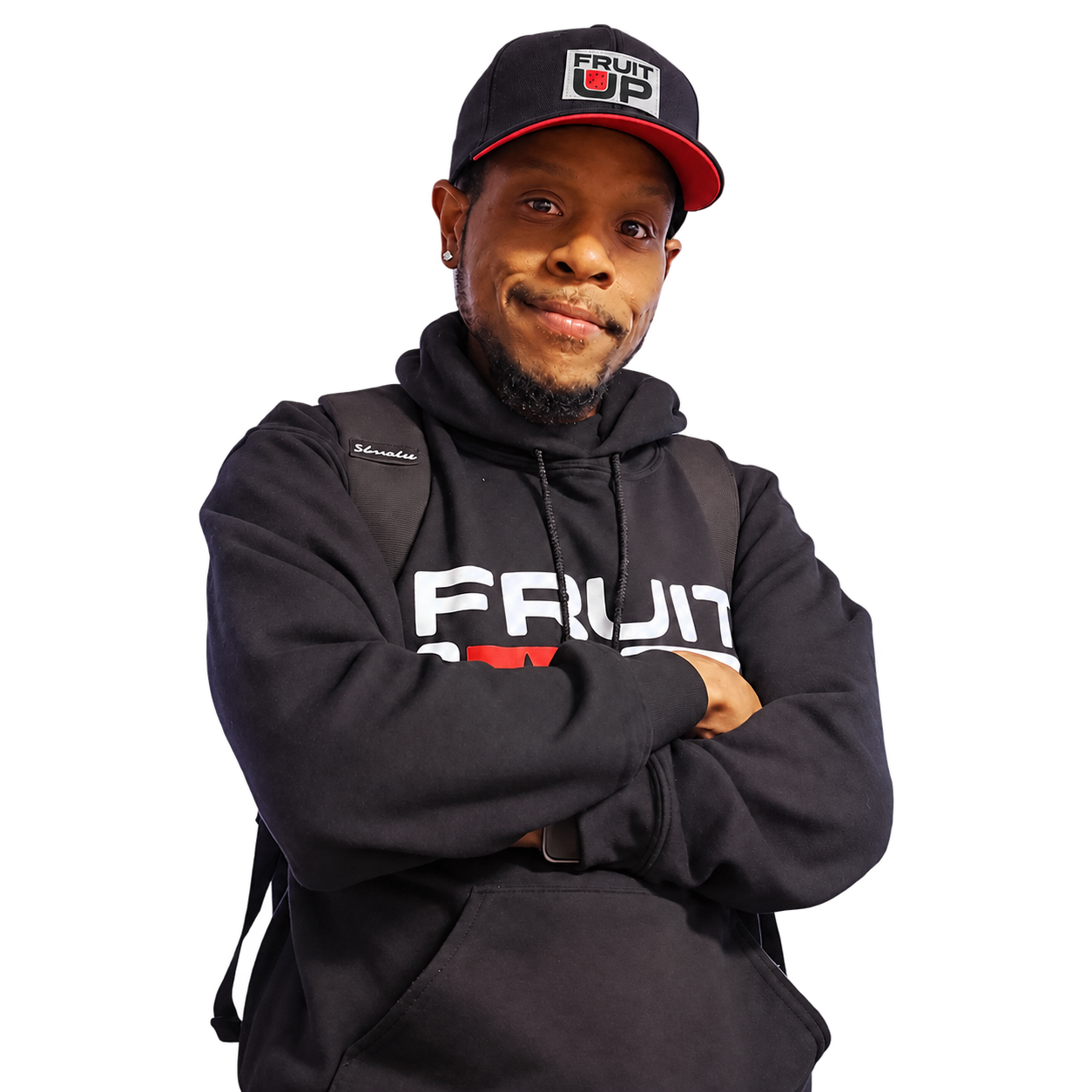 Bobby Smith wearing a black Fruit Up hoodie and a hat with the Fruit Up watermelon logo