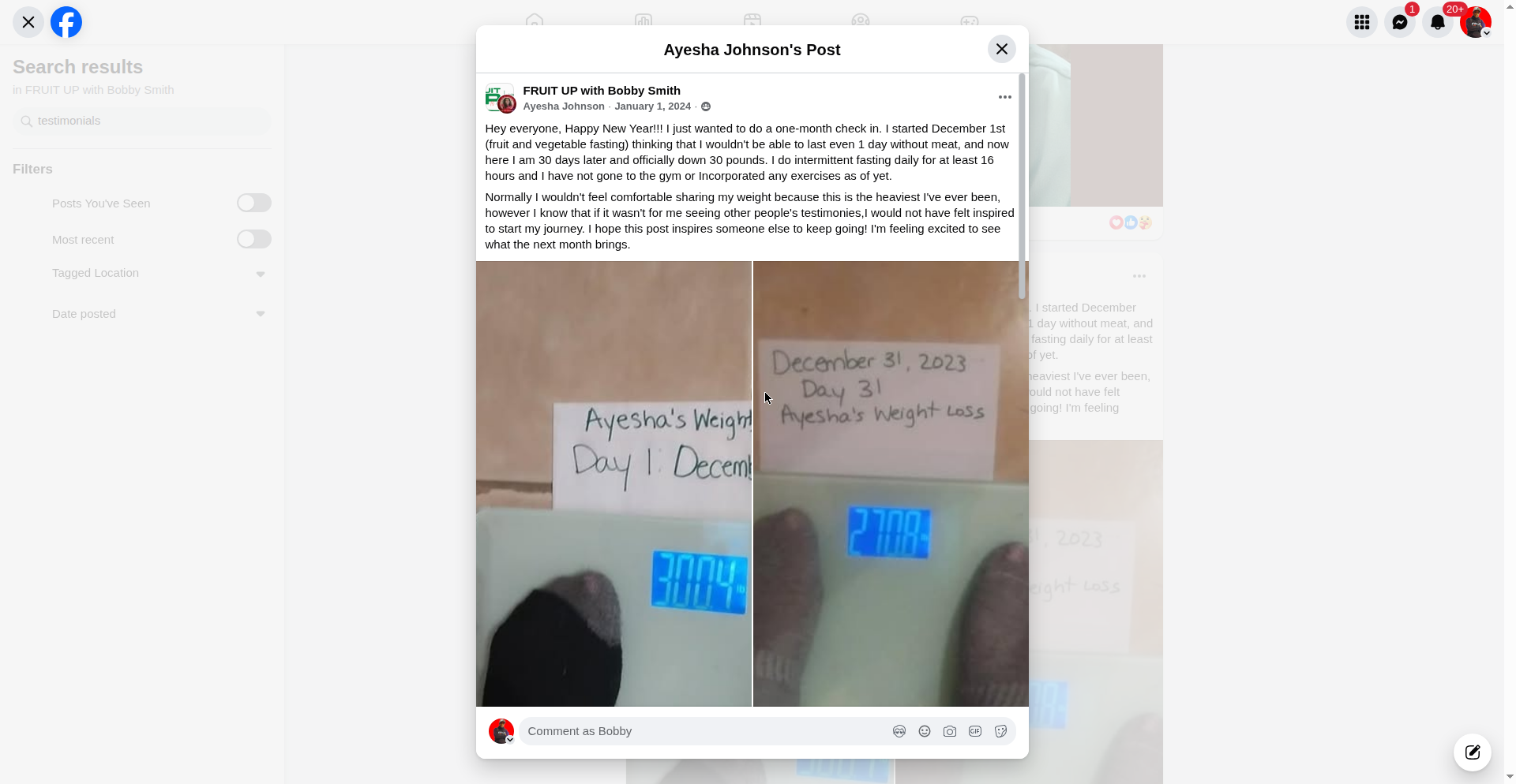Original Facebook testimonial screenshot from Ayesha Johnson